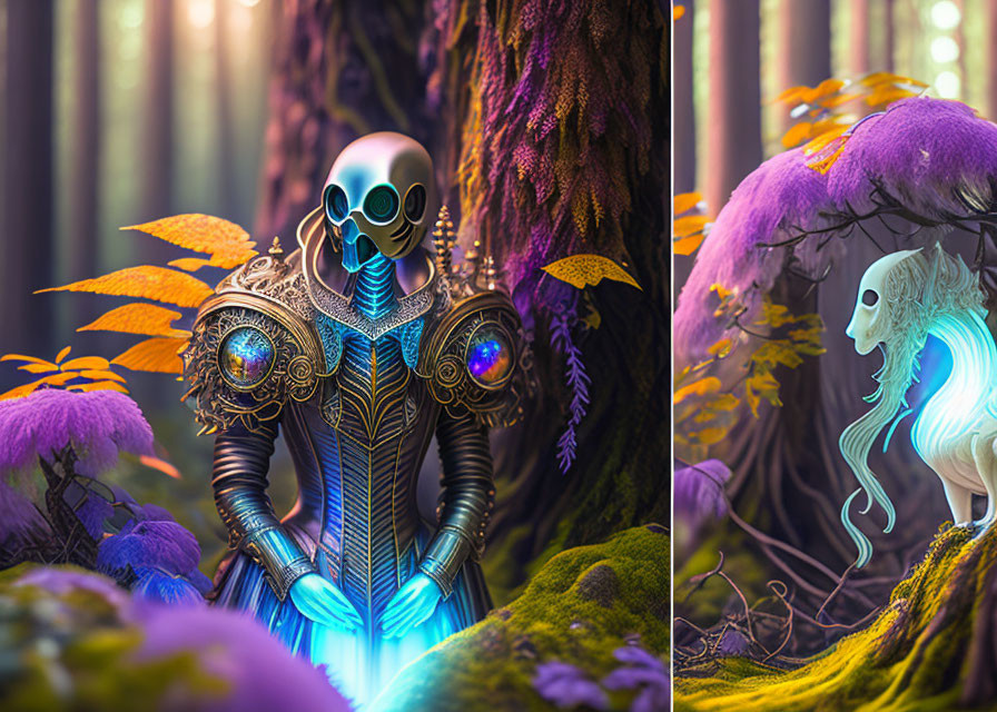 Futuristic knight and mystical creature in glowing forest