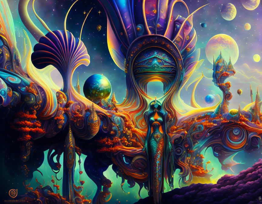 Psychedelic fantasy landscape with alien flora and celestial bodies