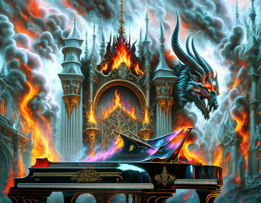 Blue dragon breathing fire near grand piano in fiery Gothic scene