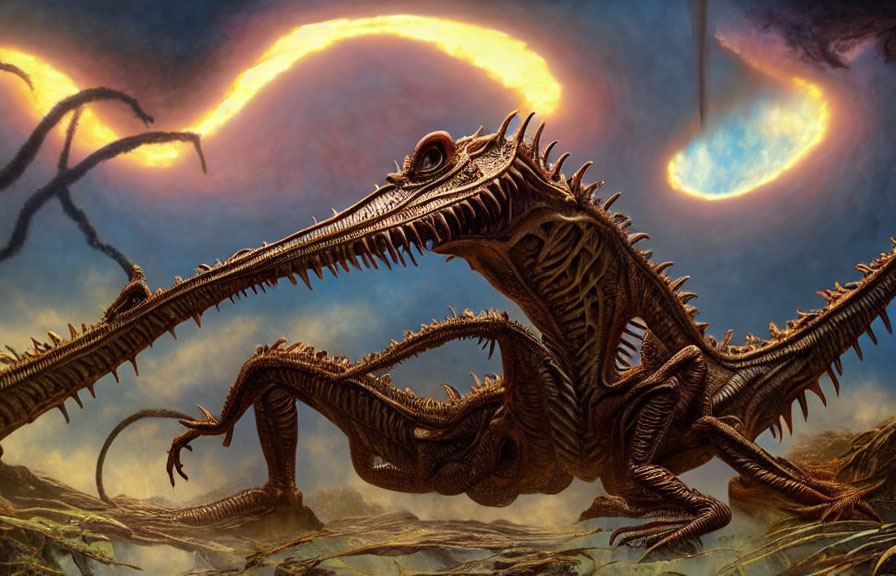 Detailed fantasy artwork: Skeletal dragon against dramatic sky with dual celestial rings