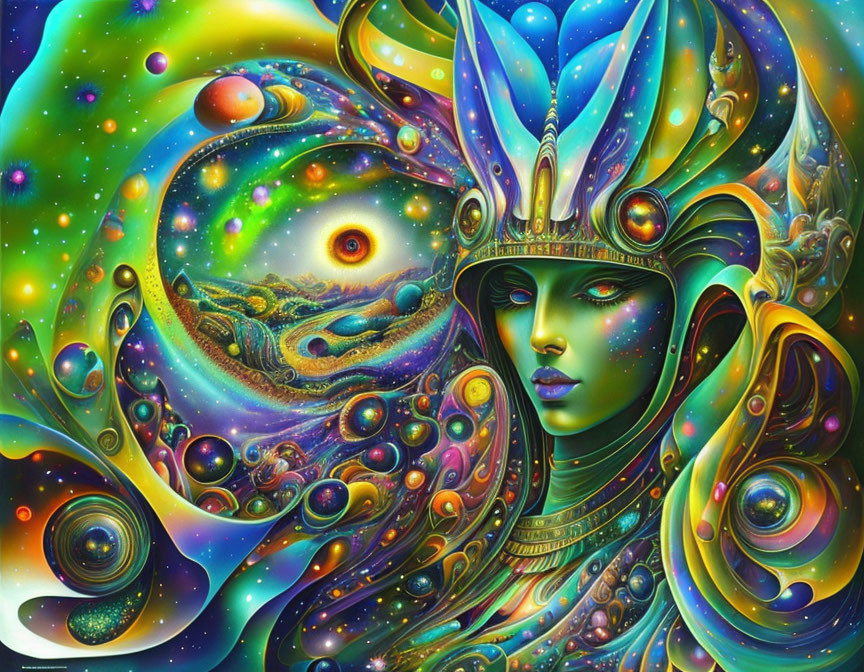 Vivid psychedelic artwork: Woman with green skin, cosmic headdress, swirling colorful backdrop.