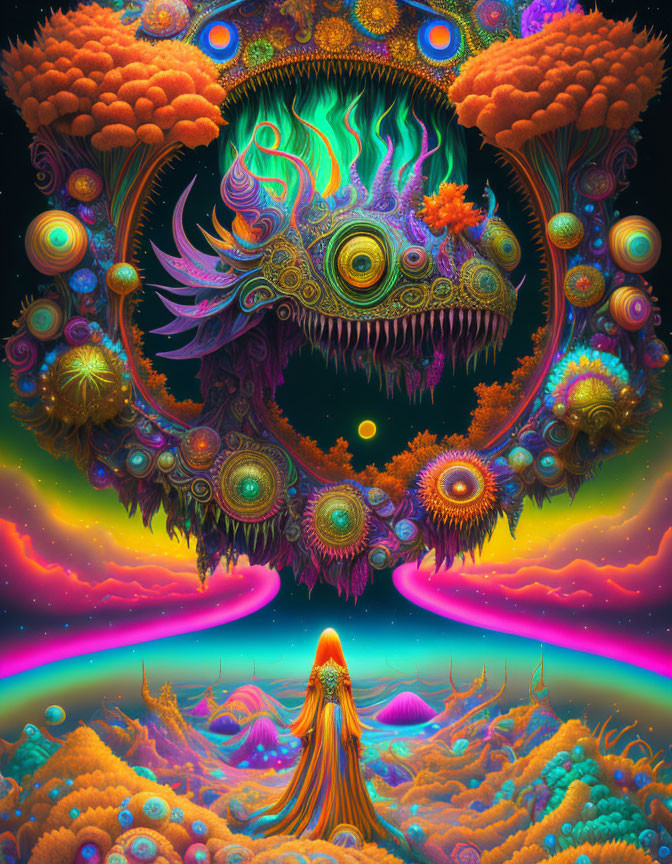 Colorful Psychedelic Creature Surrounded by Fantastical Plants