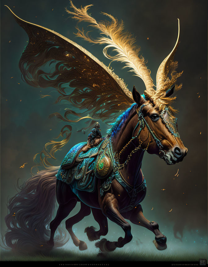 Golden-antlered mythical horse with wings and armored rider