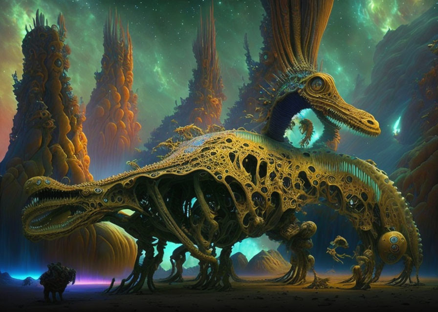 Biomechanical dinosaur-like creature in alien landscape with towering spires