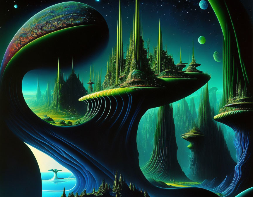 Digital artwork of otherworldly landscape with spires, curved structures, and multiple moons.