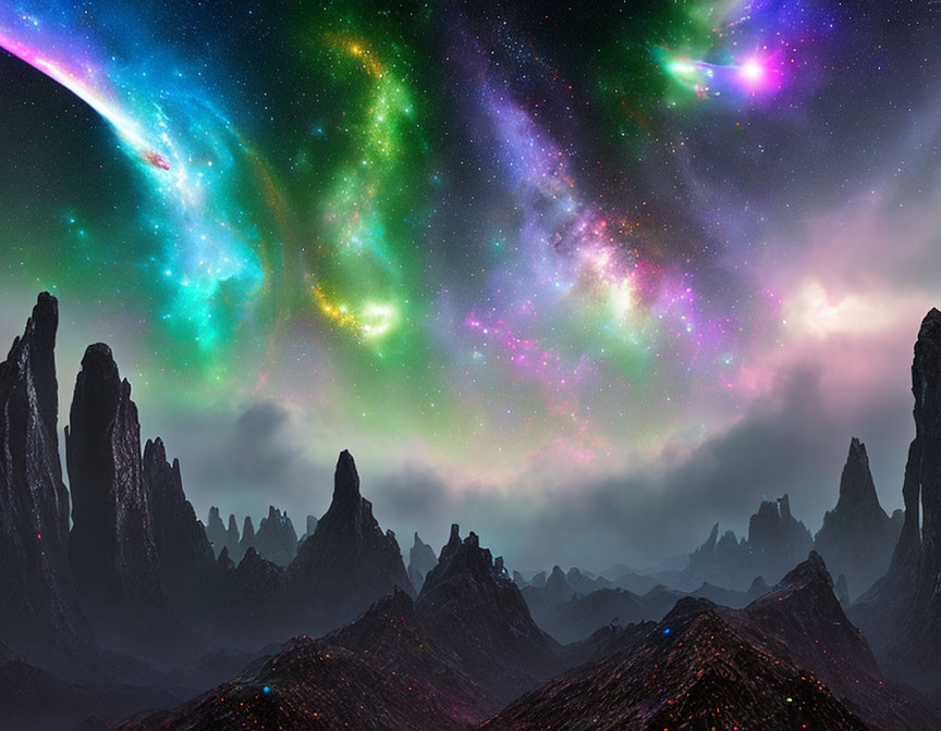 Vibrant nebulae above dark mountain peaks in cosmic landscape