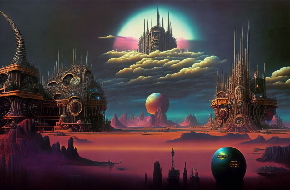 Surreal sci-fi landscape with alien structures and vibrant skies