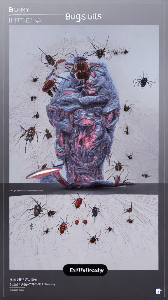 Horror movie poster with grotesque face and crawling insects