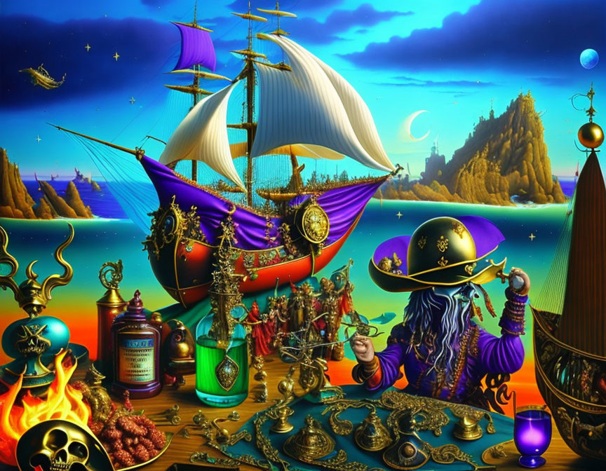 Fantastical pirate ship scene with gold, artifacts, and whimsical creatures