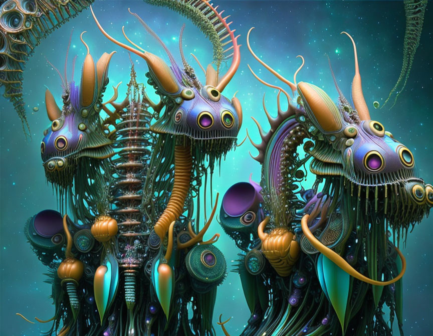 Vibrant surreal digital artwork of alien creatures with tentacles and purple eyes