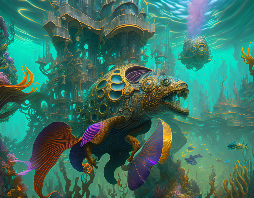 Surreal underwater scene with mechanical fish and intricate coral structures