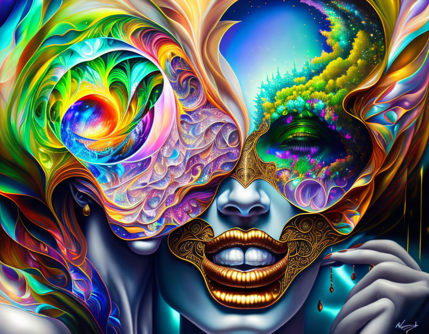 Colorful digital artwork of two faces with one eye each, celestial and nature motifs