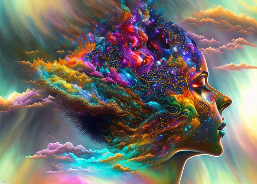 Colorful profile digital artwork with cosmic and nature elements