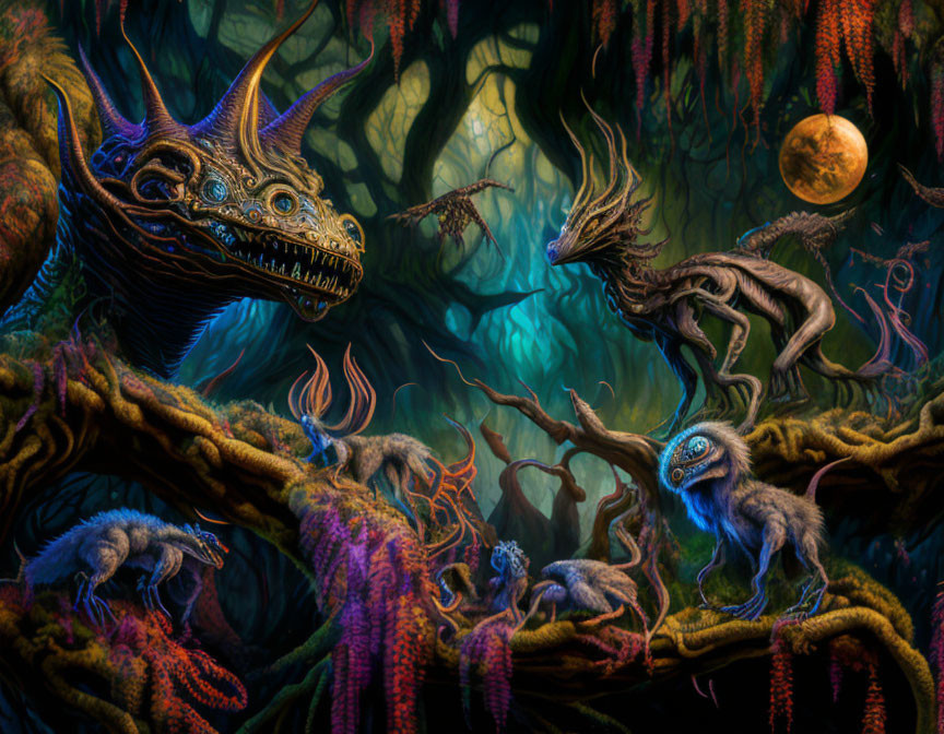 Fantastical forest scene with monstrous creatures and glowing elements