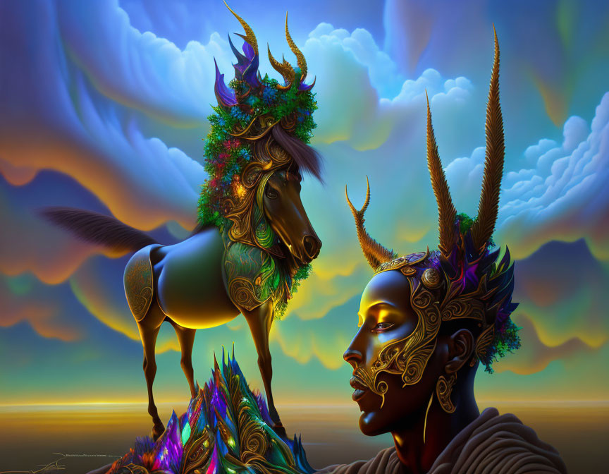 Surreal image: Decorated horse, antlers, human figure with ornate headgear,