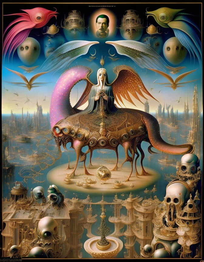 Surreal Artwork: Central Figure on Mythical Creature, Floating Eyes, Architectural Structures,