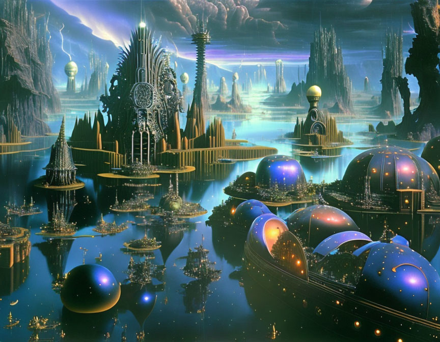 Futuristic cityscape with towering spires and floating orbs