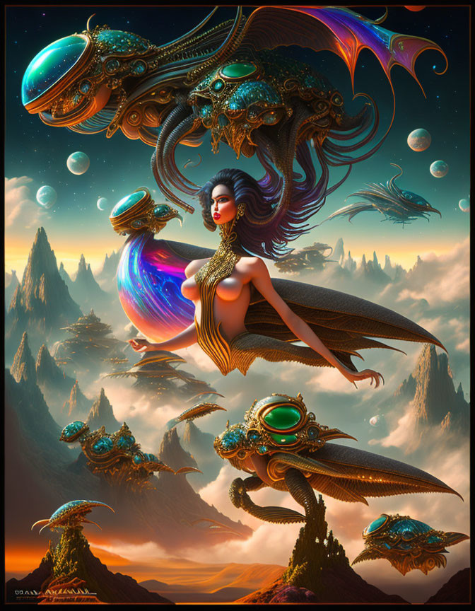 Majestic woman with wings surrounded by flying creatures in surreal landscape