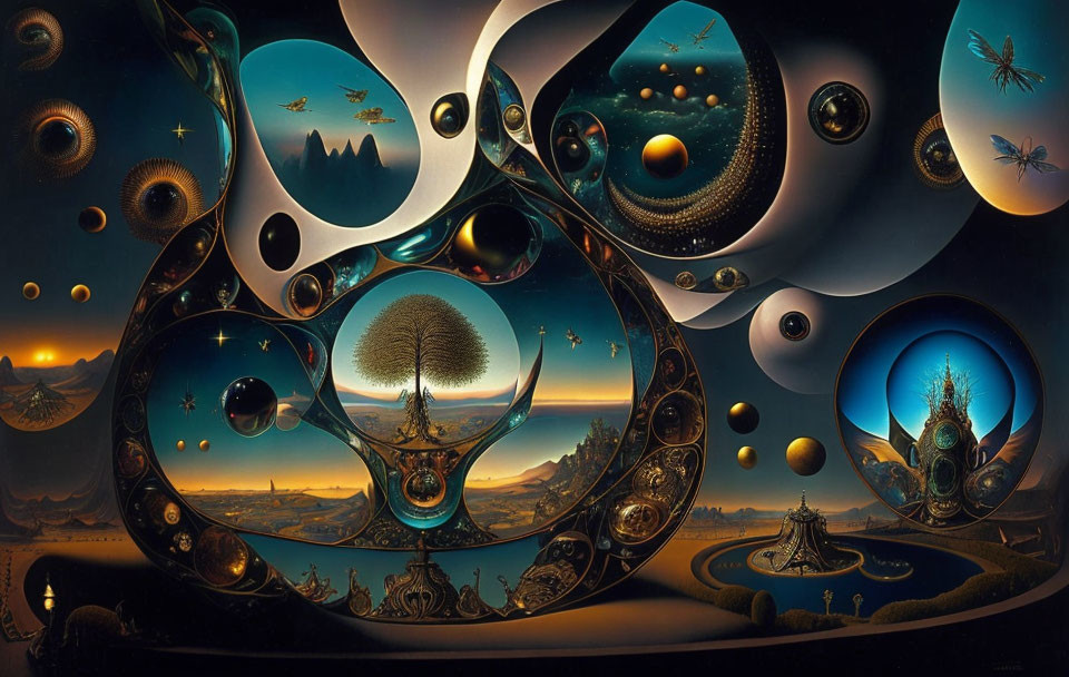 Surreal cosmic digital artwork with warm dark palette