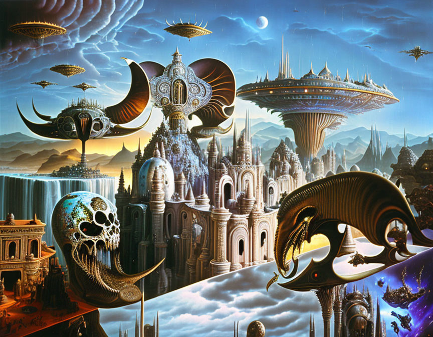 Fantastical landscape with ornate buildings, waterfalls, floating islands, and futuristic spacecraft.