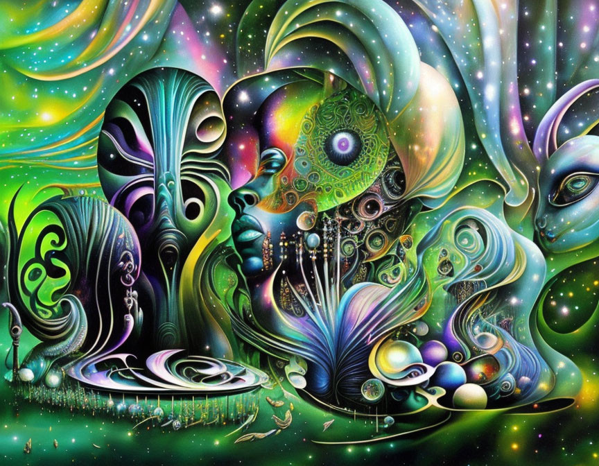 Colorful abstract artwork: human and alien faces, swirls, celestial bodies in cosmic scene