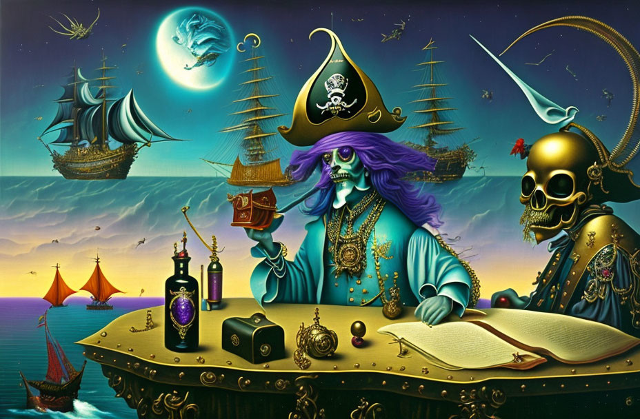 Vibrant pirate illustration with purple beard, gold table, and moonlit sky.