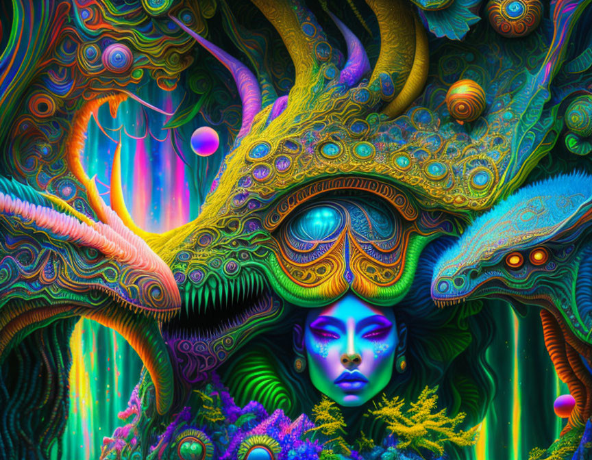 Colorful psychedelic artwork with intricate patterns and fantastic creatures