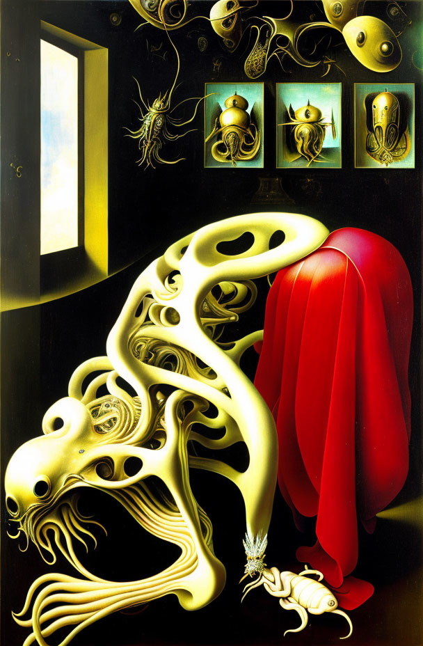 Surreal artwork: Skeletal figure in red fabric with golden masks and organic shapes on dark background