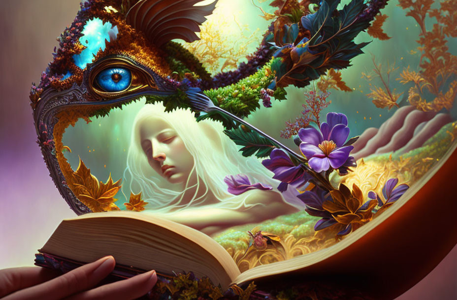 Illustration of nature-inspired butterfly and woman's face in book surrounded by foliage