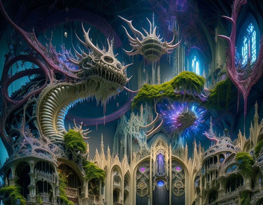 Fantastical cathedral interior with organic skeletal structures and vibrant plants