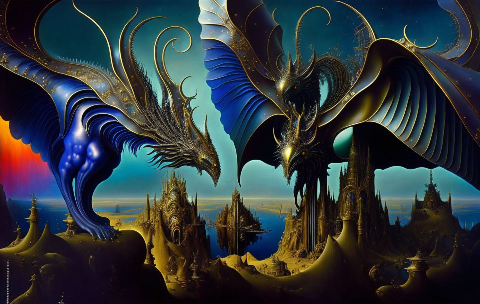 Majestic blue dragons in surreal fantasy artwork