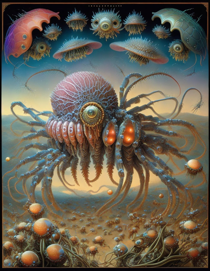 Fantastical octopus-like creature in surreal alien landscape