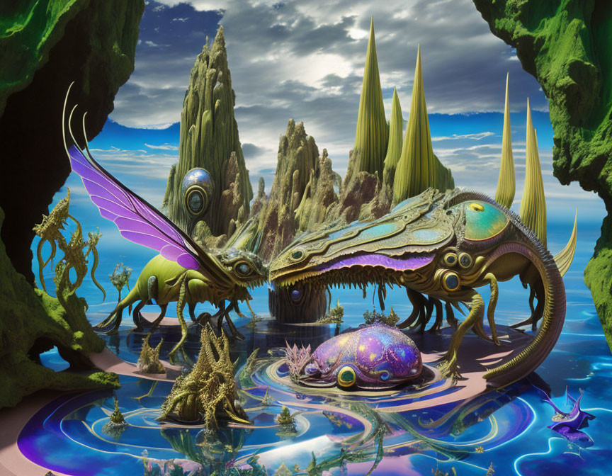 Colorful fantasy landscape with alien creature and unique flora and fauna