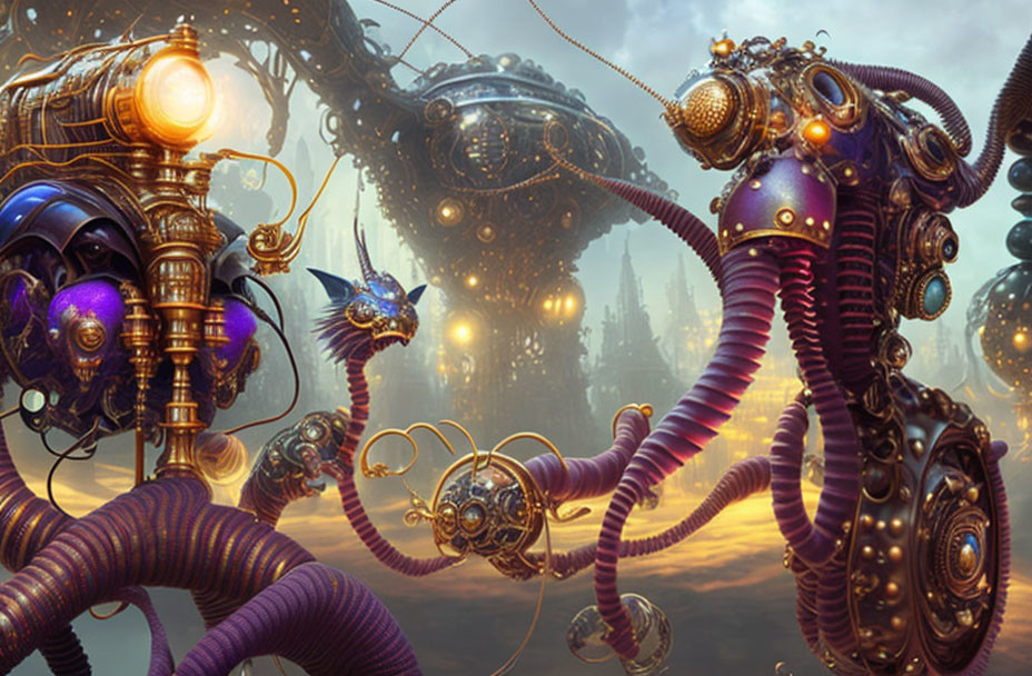 Steampunk scene with machinery, tentacles, orbs in dusk sky