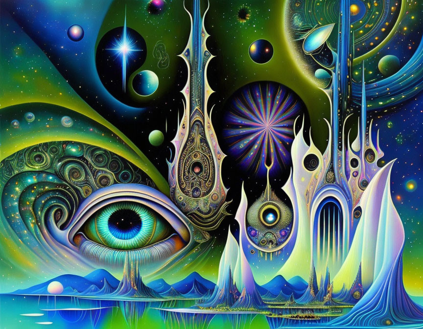 Colorful psychedelic eye with celestial bodies and abstract shapes against starry backdrop