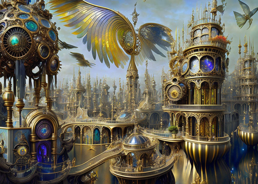 Steampunk cityscape with golden structures and mechanical wings.