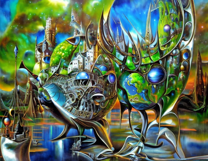 Colorful surreal painting with organic, architectural, and celestial elements