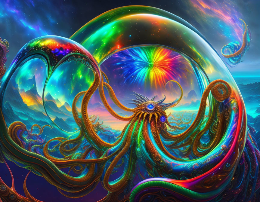 Surreal cosmic artwork with swirling tentacles and vivid colors