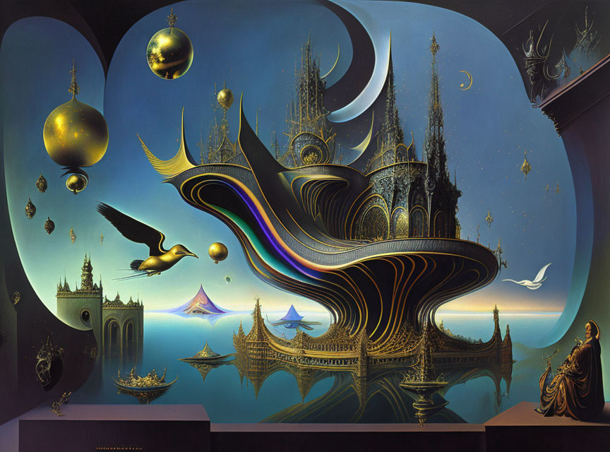 Surreal landscape with floating structures, celestial bodies, birds, and cloaked figures