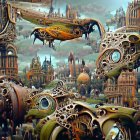 Steampunk cityscape with golden structures and mechanical wings.