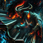 Demonic figure playing grand piano engulfed in flames