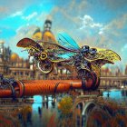 Steampunk device with brass pipes and glowing purple elements amid intricate machinery