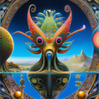 Surreal artwork with multi-eyed creature and cosmic backdrop