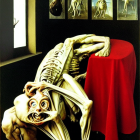 Surreal artwork: Skeletal figure in red fabric with golden masks and organic shapes on dark background