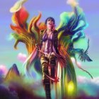 Colorful Psychedelic Artwork with Mask-like Structure & Birds