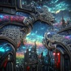 Ornate dragon-like creatures in fantasy landscape with vibrant skies