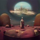 Vibrant surreal alien landscape with figures and giant planet