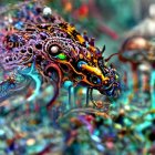 Surreal humanoid figure in complex, organic landscape