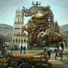 Steampunk mechanical bee with gears, butterflies, and nature backdrop