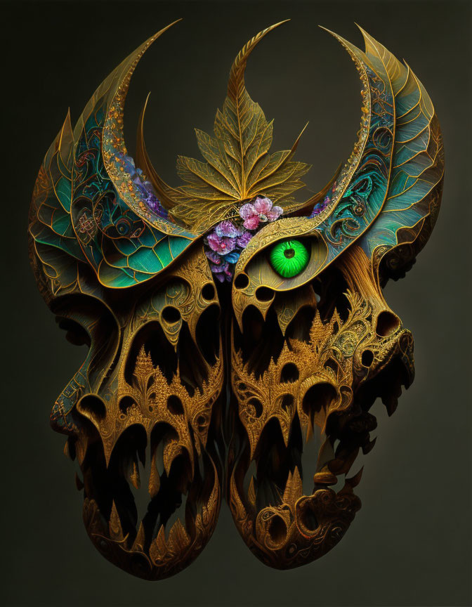 Ornate skull with green eye, metallic and organic details